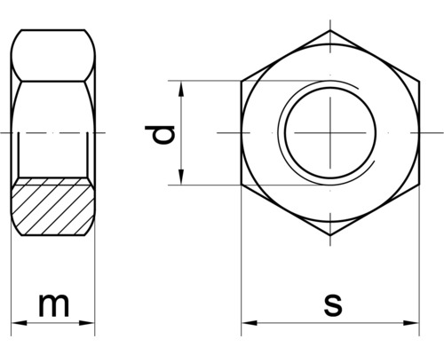 Technische tekening van een zeskantmoer met afmetingen