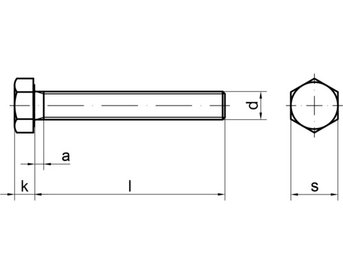 Technische tekening van een zeskantbout met maatgegevens.