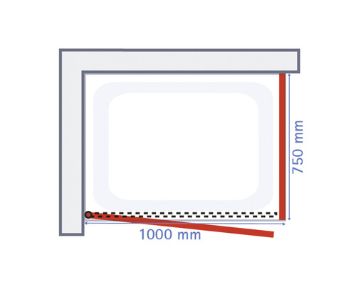 Technische tekening van een doucheframe met afmetingen van 750 mm bij 1000 mm