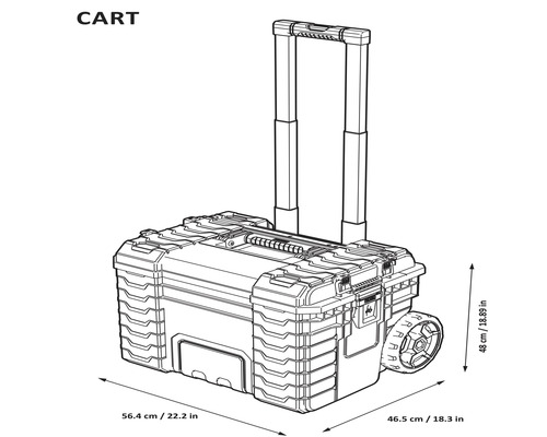 Gereedschapswagen met telescopische handgreep en wielen, maatvoering.