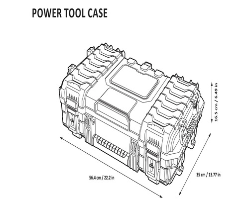 Afbeelding van een gereedschapskoffer met maatgegevens