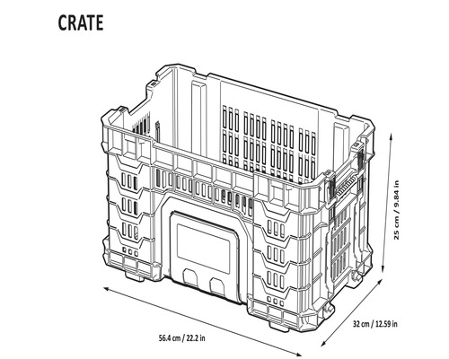 Afbeelding van een kunststof krat met de afmetingen 56,4 x 32 x 25 cm