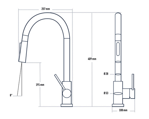Technische tekening van een keukenkraan met afmetingen.