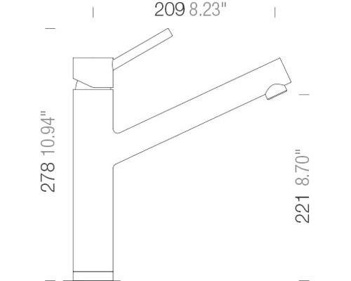 Technische tekening van een kraan met afmetingen in millimeters en inches