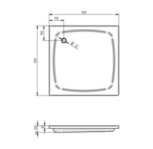Technische tekening van een douchebak met afmetingen