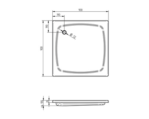 Technische tekening van een douchebak met afmetingen
