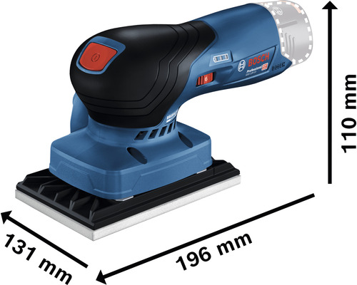 Bosch Professional vlakschuurmachine met afmetingen 110 mm hoogte, 131 mm breedte en 196 mm lengte
