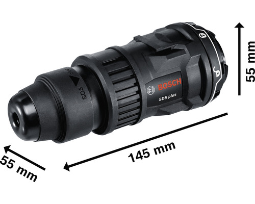 Bosch SDS plus snelspanboorhouder met afmetingen van 55 mm bij 55 mm bij 145 mm