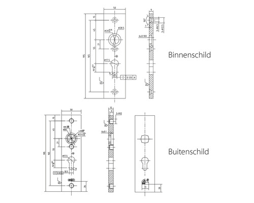 Technische tekening van binnen- en buitenschild met afmetingen