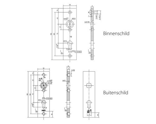 Technische tekening van deurkrukken voor binnen en buiten met maatvoering