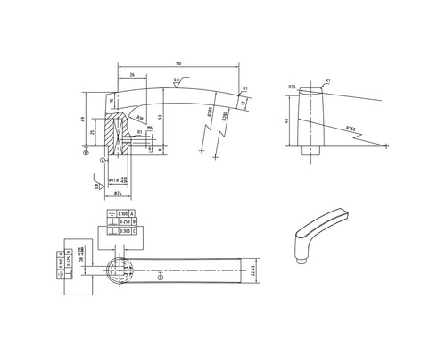 Technische tekening van een deurklink met afmetingen