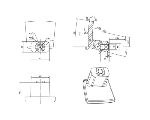 Technische tekening van een meubel glijder met afmetingen