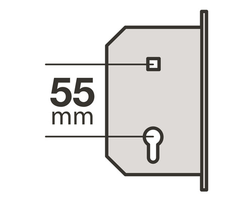 Tekening van een deurslot met aanduiding van de afstand van 55 mm