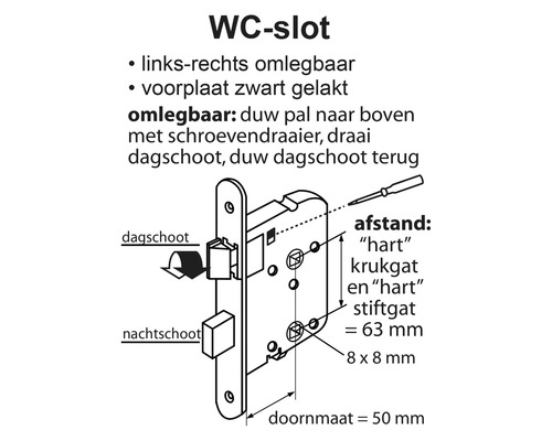 Technische tekening van een WC-slot met afmetingen en details voor installatie