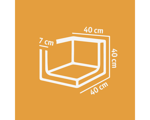 Schets van een hoekverbinding met de afmetingen 40 cm x 40 cm x 7 cm