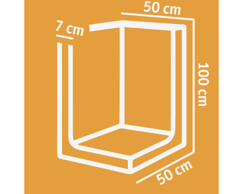 Afbeelding van een douchecabine met de afmetingen 50 cm x 50 cm x 100 cm en een profielbreedte van 7 cm.