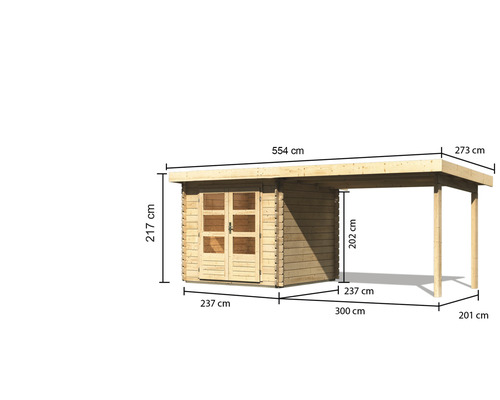 Afbeelding van een houten tuinhuis met carport en maataanduidingen