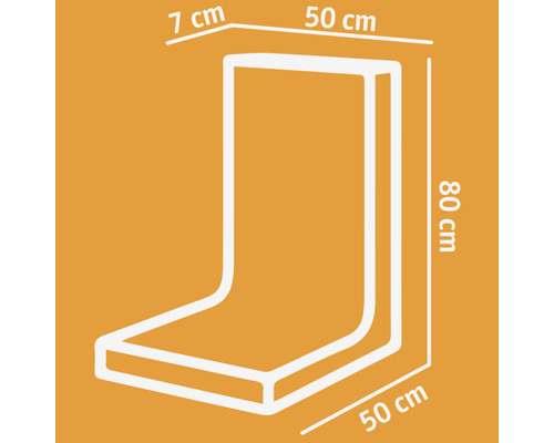 Schets van een hoekkussen met afmetingen 50 cm x 80 cm x 7 cm