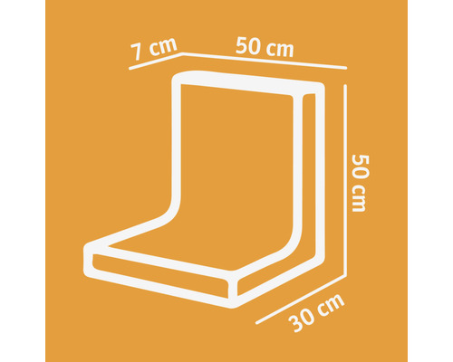 Technische tekening van een hoekkussen met de afmetingen 50 cm x 50 cm x 30 cm x 7 cm.