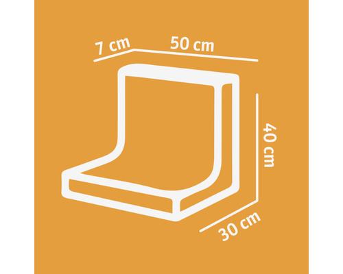 Illustratie van de afmetingen van een hoekkussen: 7 cm x 50 cm x 40 cm x 30 cm