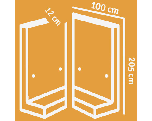 Technische tekening van een douchecabine met afmetingen 12 cm, 100 cm en 205 cm.
