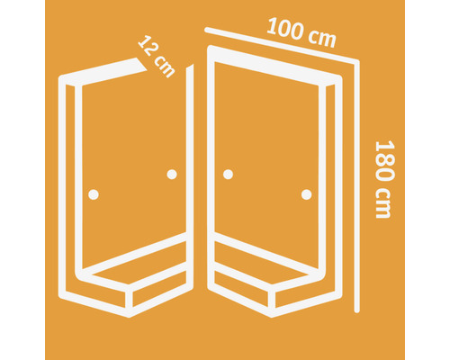 Technische tekening van een douchecabine met maatvoering: 12 cm, 100 cm en 180 cm