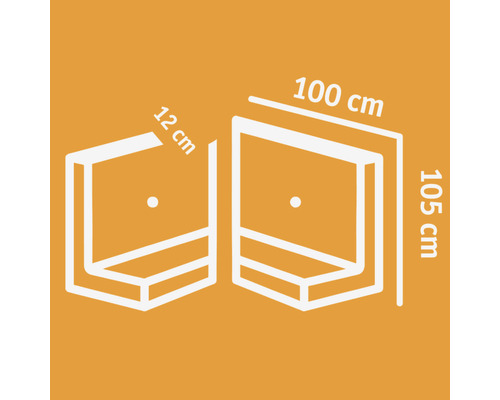 Afmetingen van een plank: 12 centimeter diep, 100 centimeter breed en 105 centimeter hoog