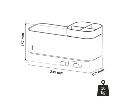 Maattekening van een wandopberger met twee haken en een draagvermogen van 10 kilogram