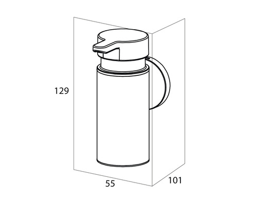 Schets van een zeepdispenser met afmetingen