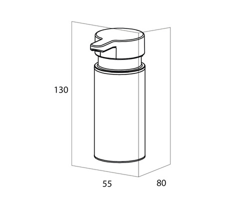 Technische tekening van een zeepdispenser met maatvoering