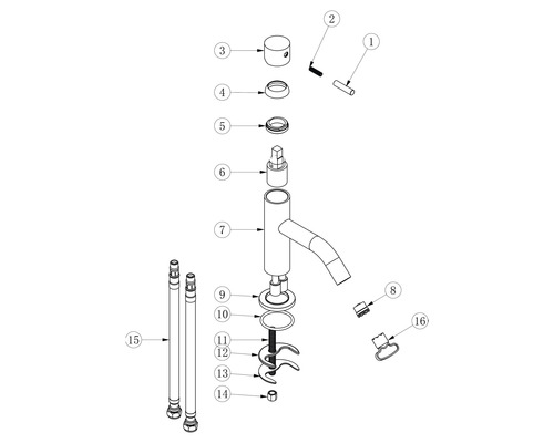 Explosietekening van een kraan met afzonderlijke onderdelen en nummers