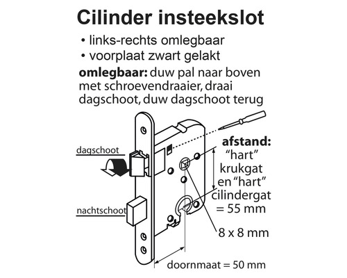 Afbeelding van een cilinderslot met technische details en afmetingen