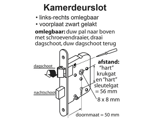 Afbeelding van een kamerdeurslot met de afmetingen 56 millimeter en 50 millimeter.