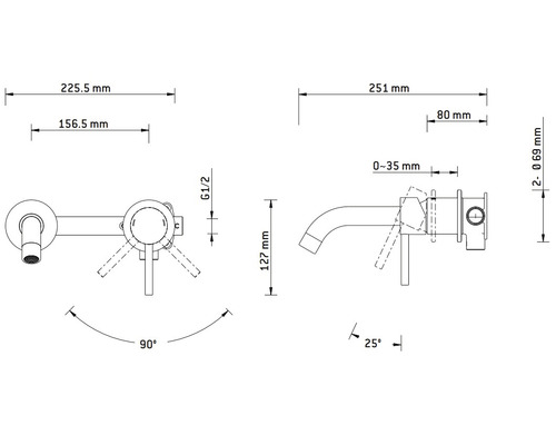 Technische tekening van een kraan met afmetingen