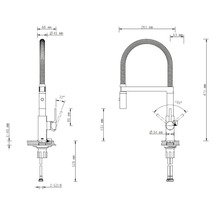 Technische tekening van een keukenkraan met afmetingen