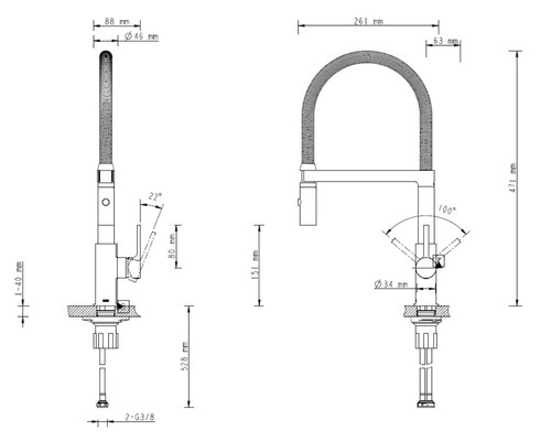 Technische tekening van een keukenkraan met afmetingen