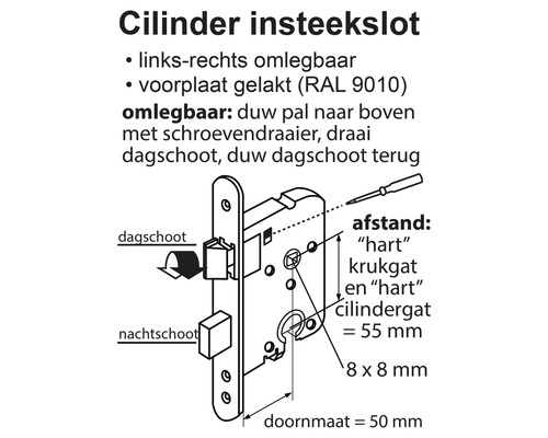 Illustratie van een cilinderslot met details over afmetingen en werking