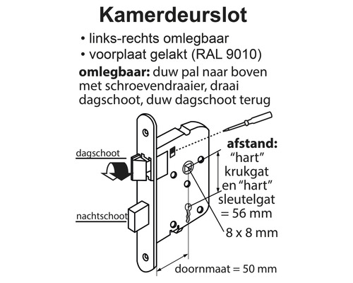 Technische tekening van een kamerdeurslot met de afmetingen doornmaat 50 millimeter en afstand 56 millimeter