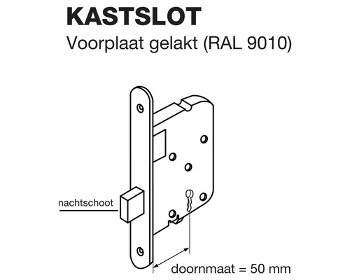 Tekening van een kastslot met gelakte voorplaat en 50 millimeter doornmaat