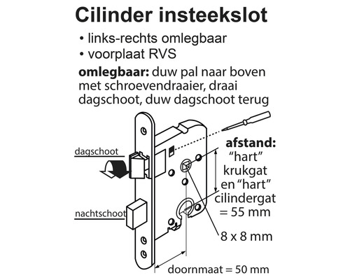Afbeelding van een cilinderslot met technische details en afmetingen.