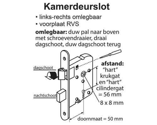 Technische tekening van een kamerdeurslot met afmetingen