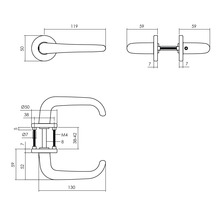 Technische tekening van een deurklink met maatvoering