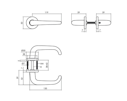 Technische tekening van een deurklink met maatvoering