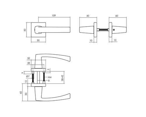 Technische tekening van een deurklink met afmetingen
