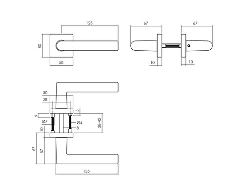 Technische tekening van een deurklink met afmetingen