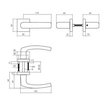 Technische tekening van een deurklink met maatvoering