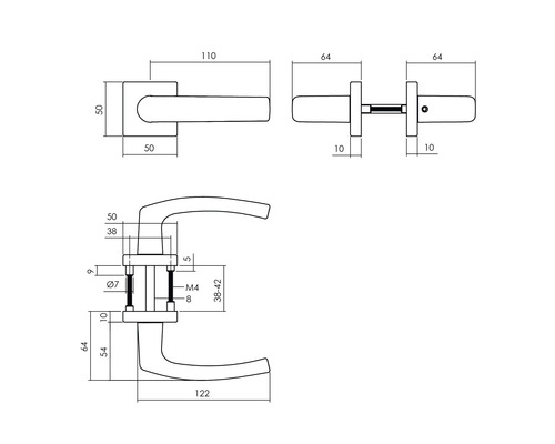 Technische tekening van een deurklink met maatvoering