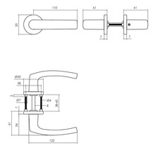Technische tekening van een deurklink met afmetingen