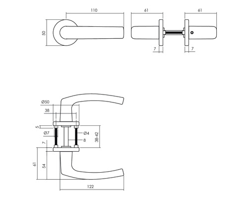 Technische tekening van een deurklink met afmetingen