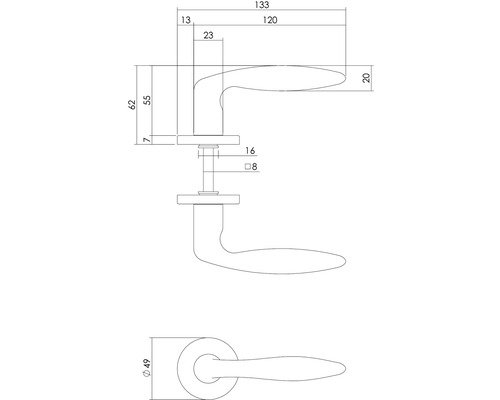 Technische tekening van een deurklink met afmetingen